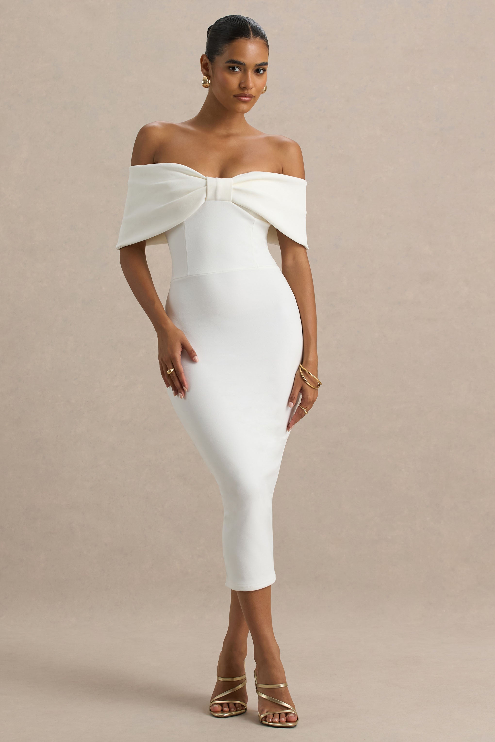 White Bow Bardot Midi Dress