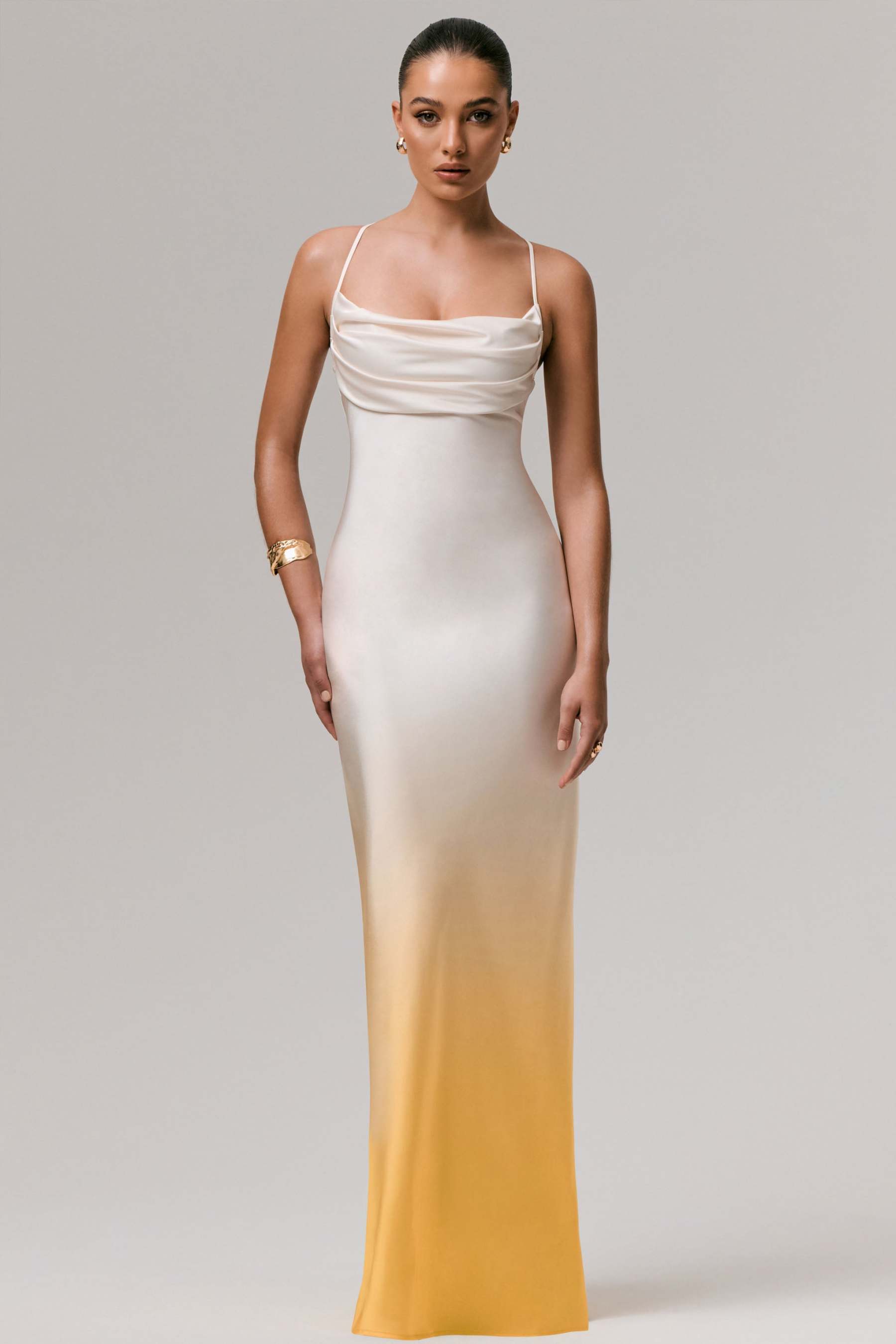 Yellow Ombre Satin Cowl-Neck Maxi Dress