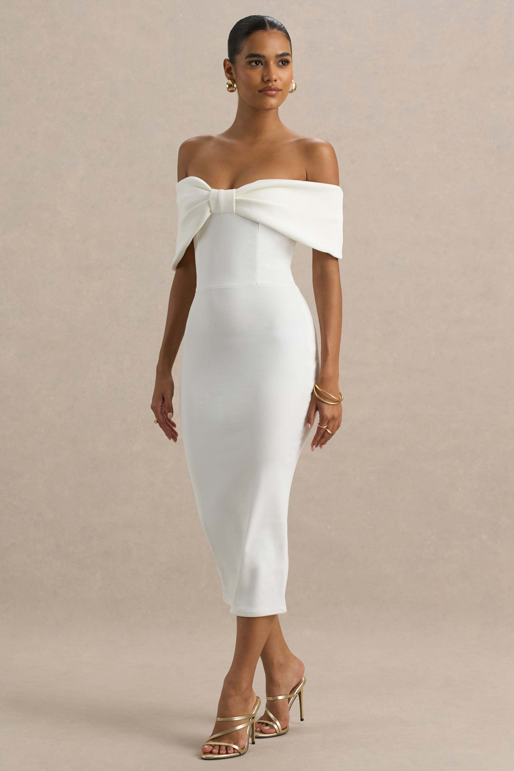 White Bow Bardot Midi Dress