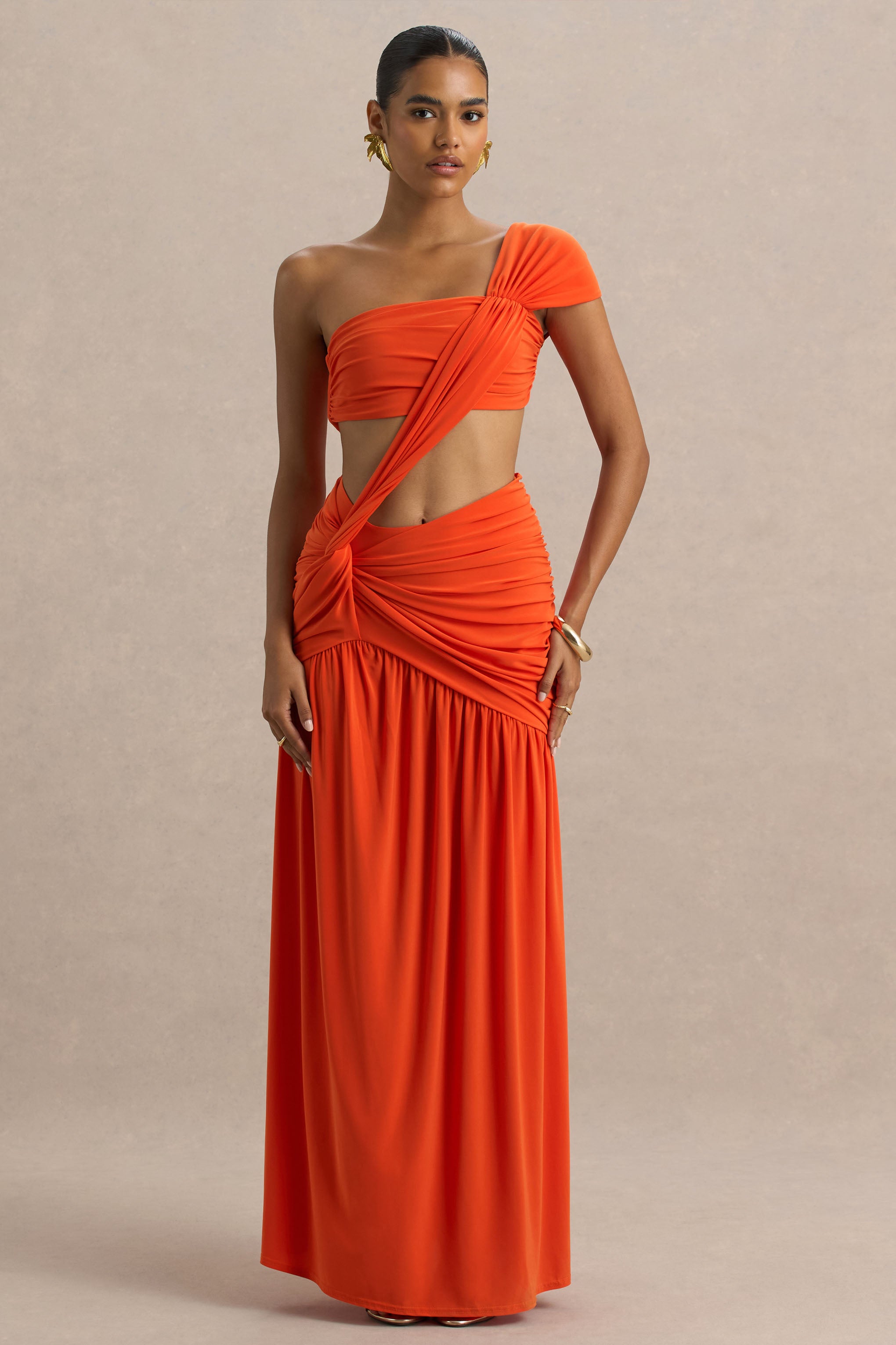 Orange Asymmetric Maxi Dress With Cut-Out Detail and Open-Back