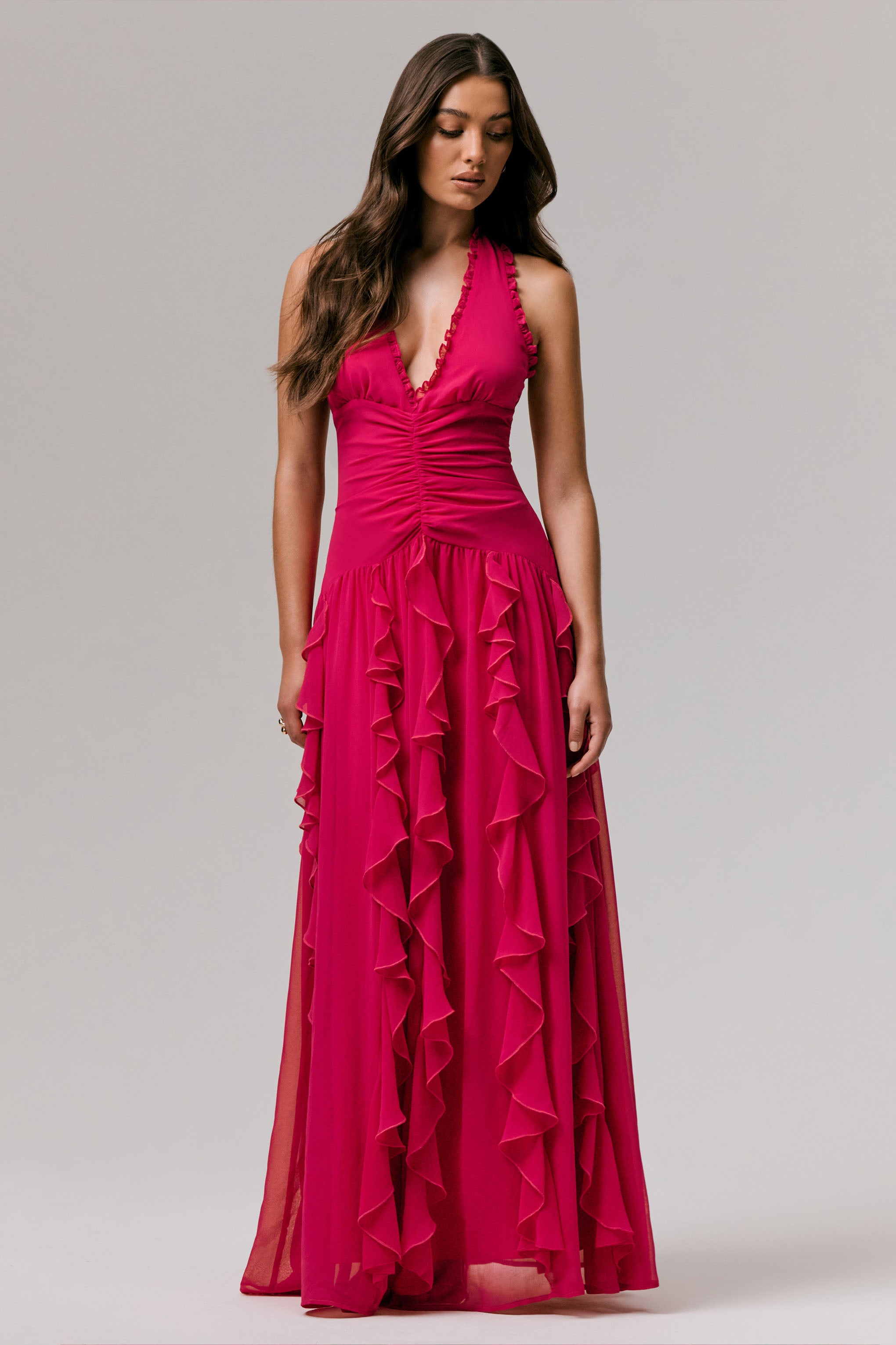 Hot Pink Plunge-Neck Ruffled Maxi Dress