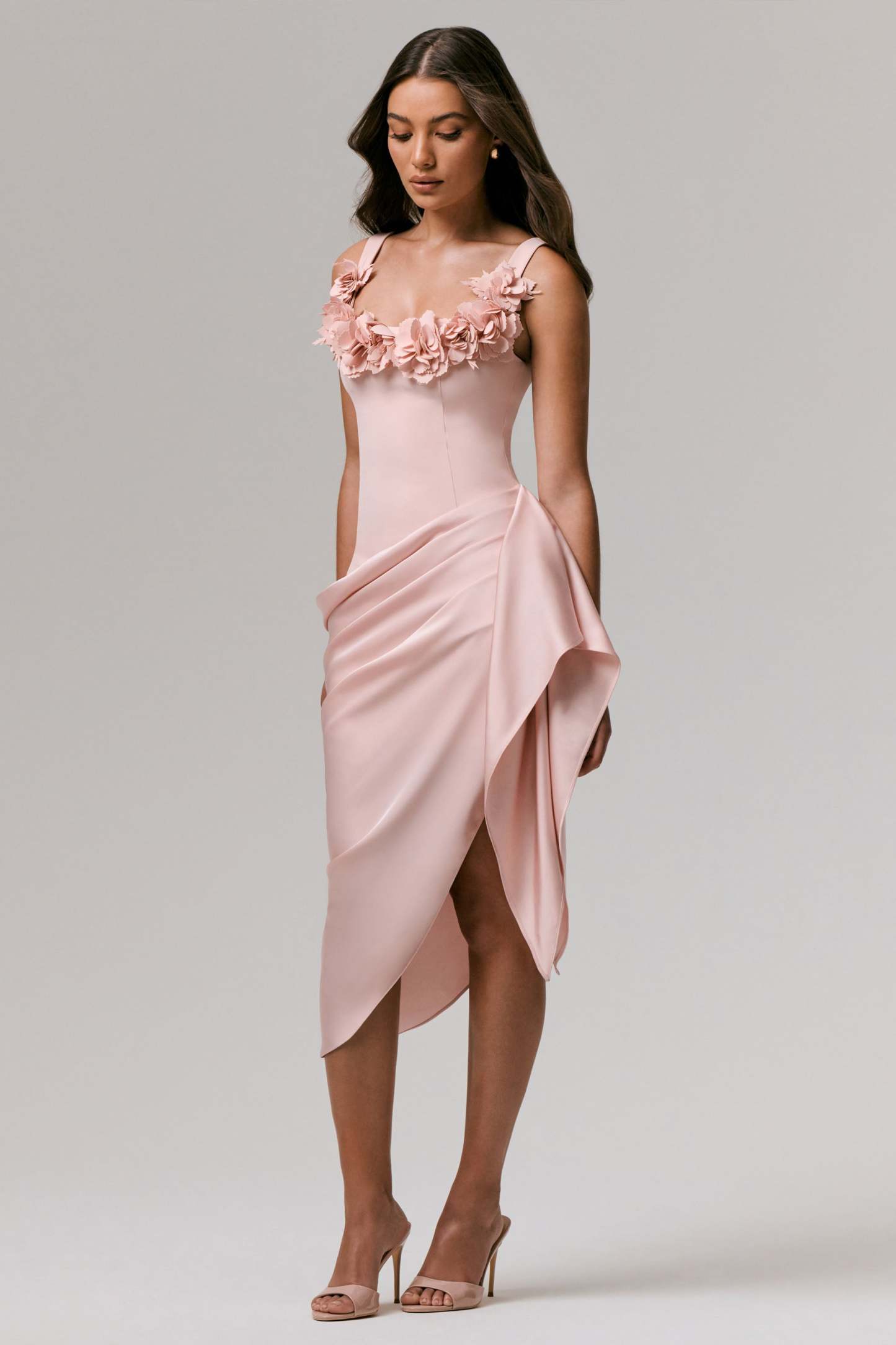 Letitia | Pale Pink Square-Neck Embellished Wrap Midi Dress
