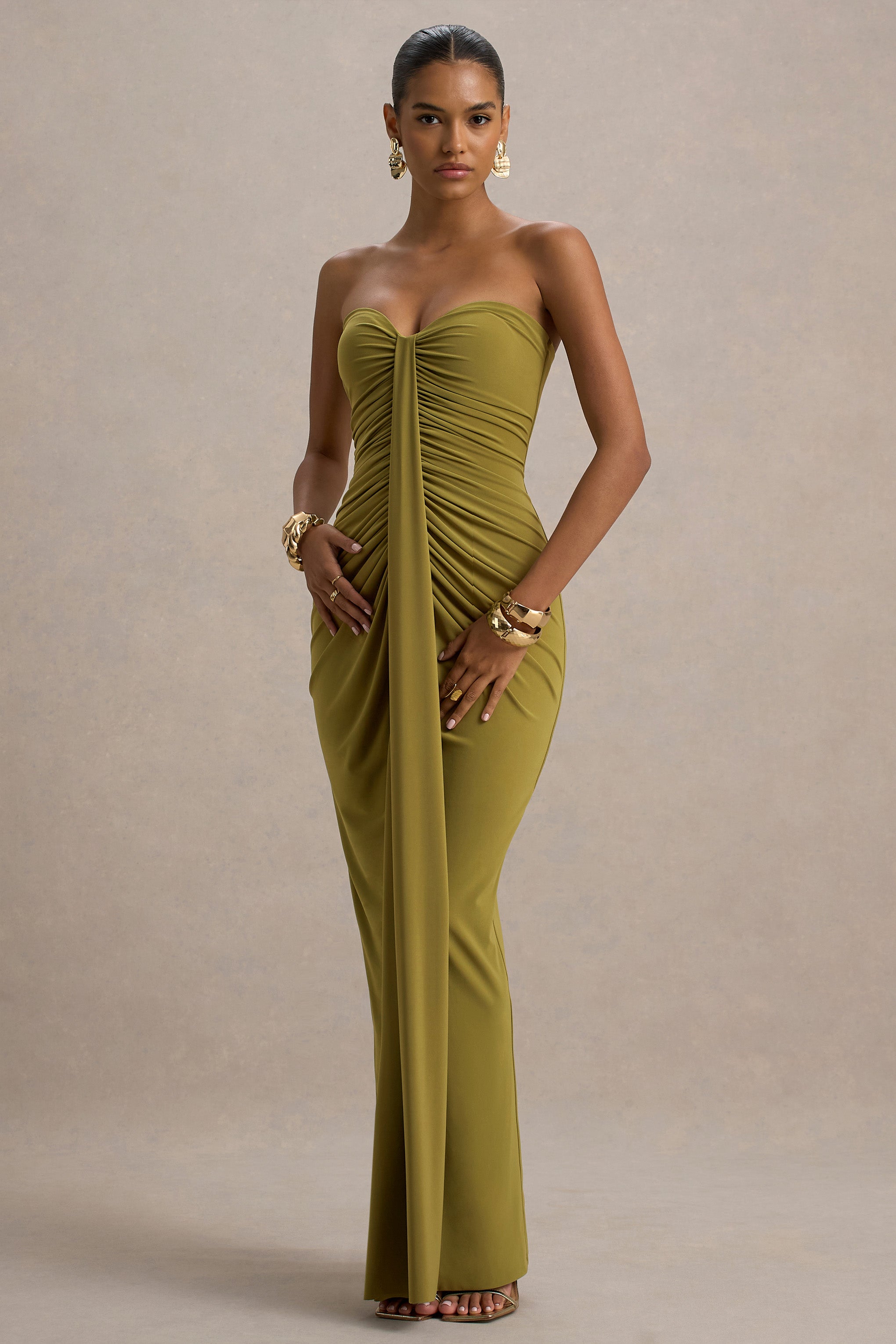 Olive Sweetheart Ruched Wrap Maxi Dress