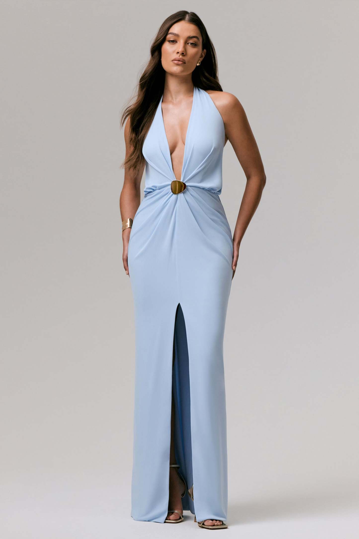 Powder Blue Plunge-Neck Wrap Maxi Dress With Waist Detail