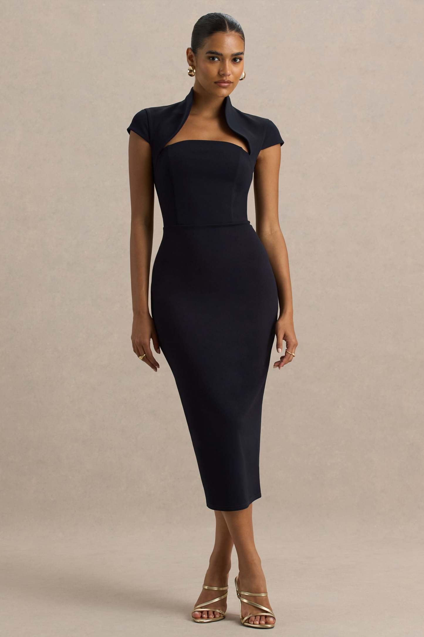 Navy Cut-Out Neck Midi Dress With Short Sleeves