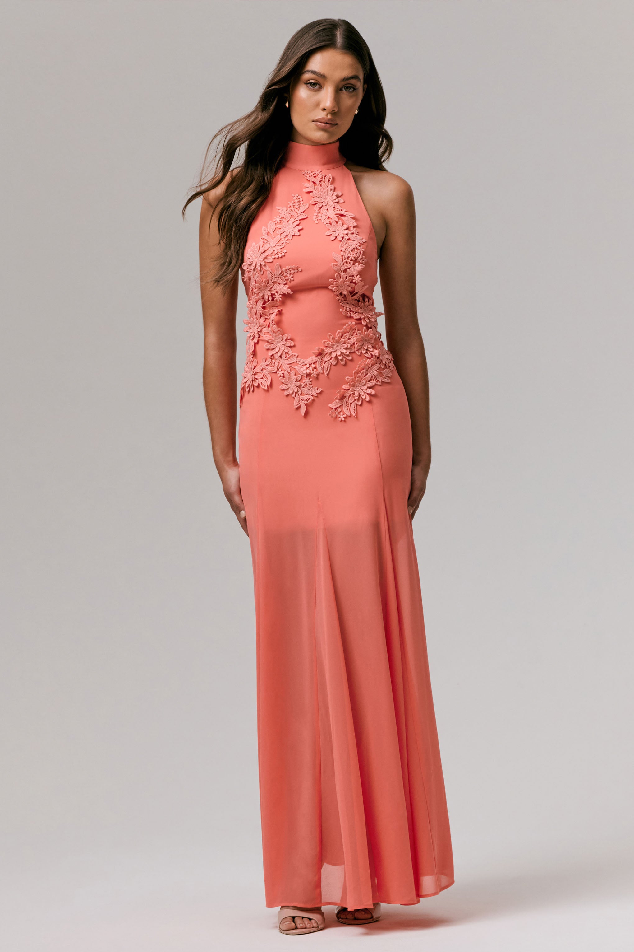 Coral High-Neck Embellished Maxi Dress