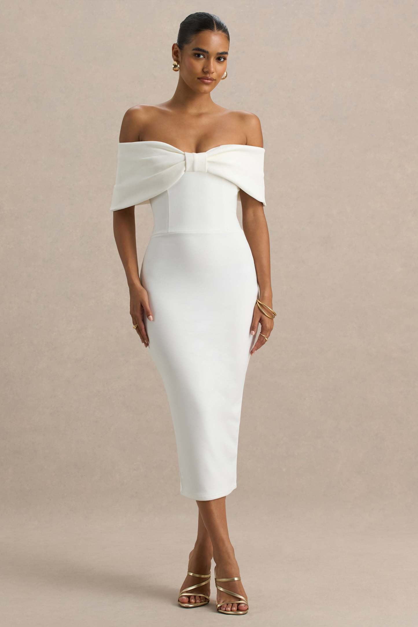 White Bow Bardot Midi Dress