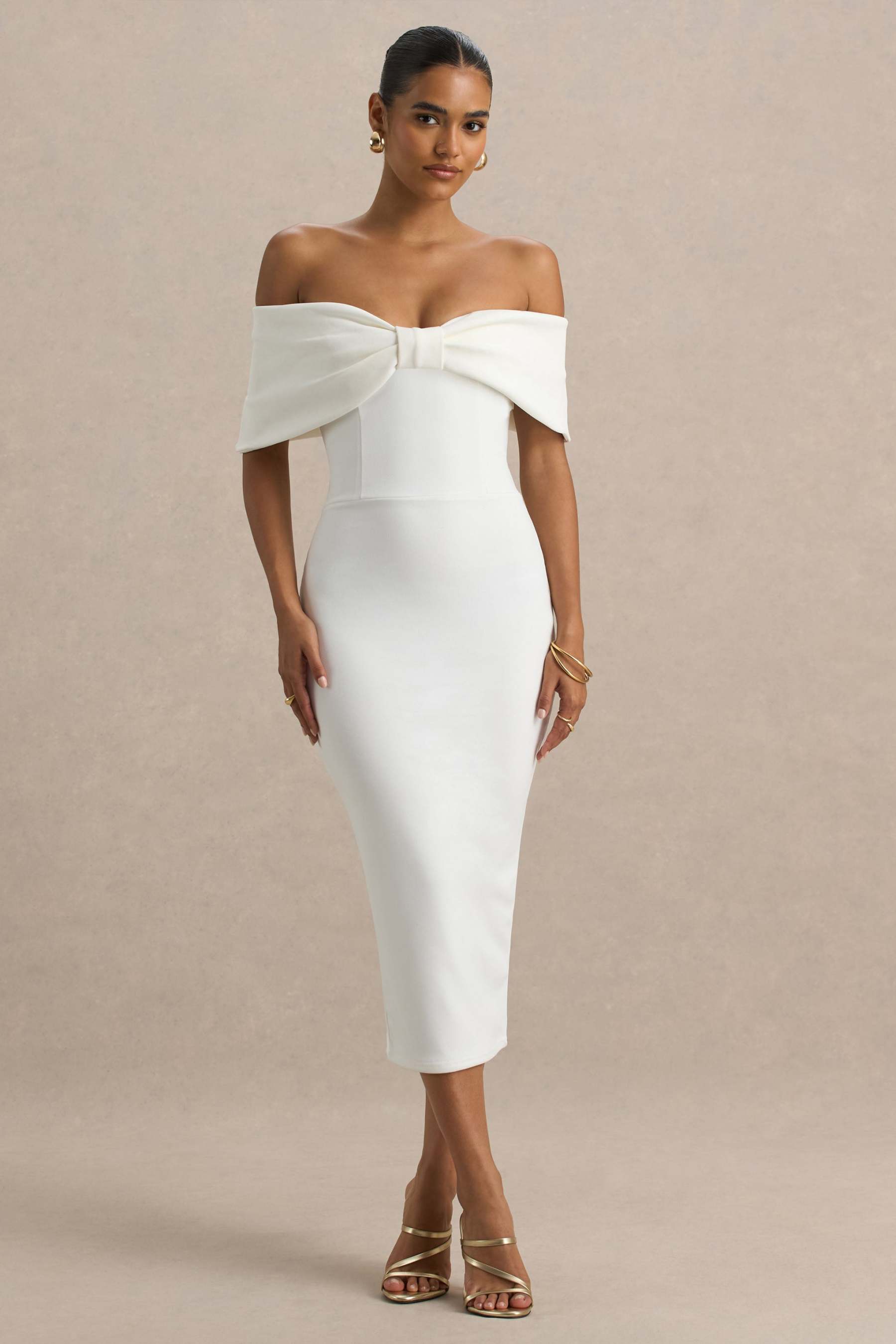 White Bow Bardot Midi Dress