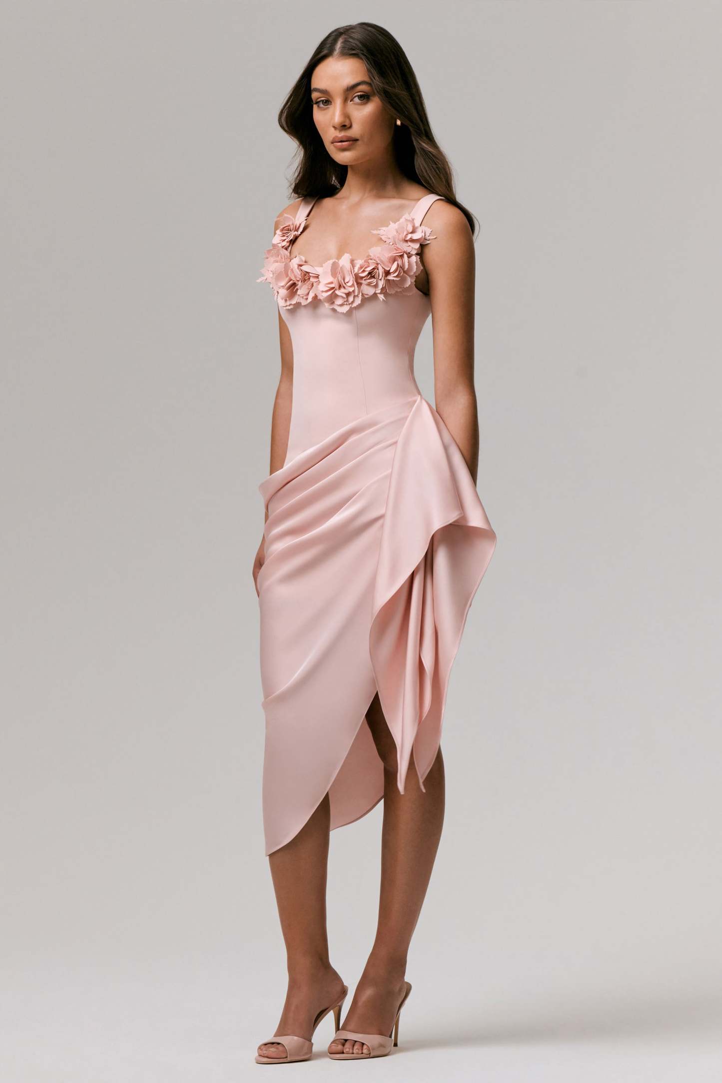 Letitia | Pale Pink Square-Neck Embellished Wrap Midi Dress