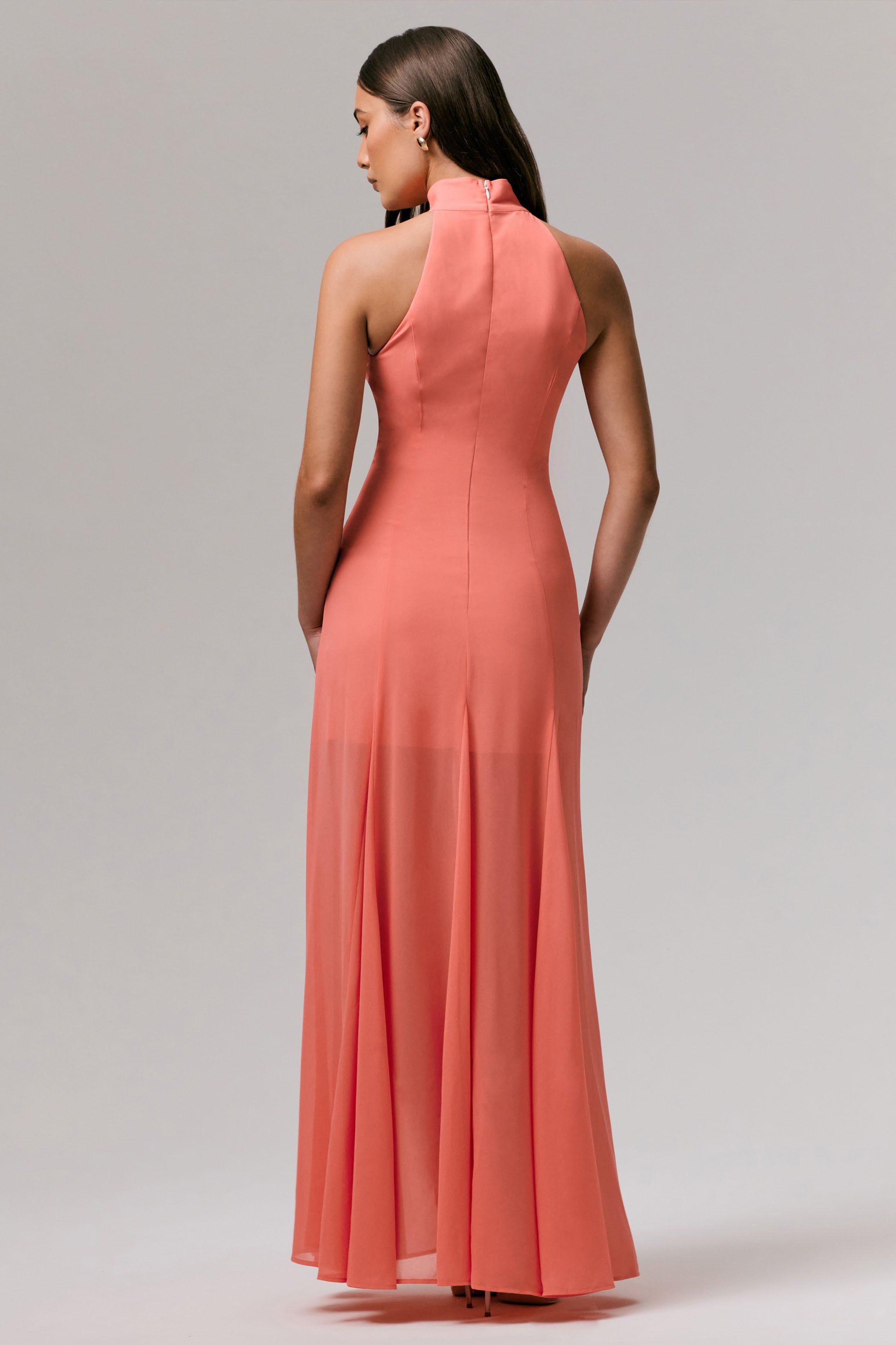 Coral High-Neck Embellished Maxi Dress