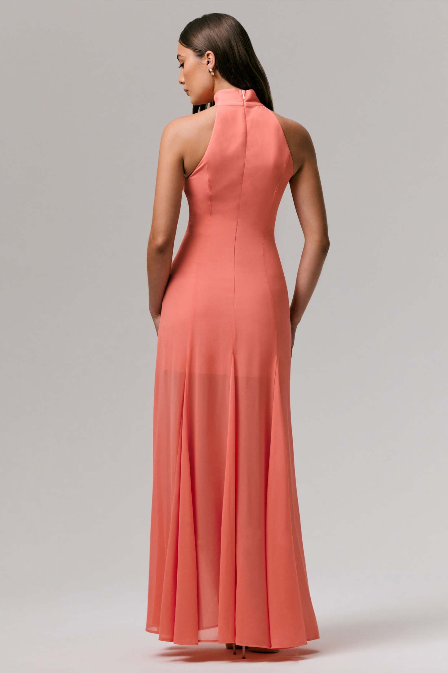Coral High-Neck Embellished Maxi Dress