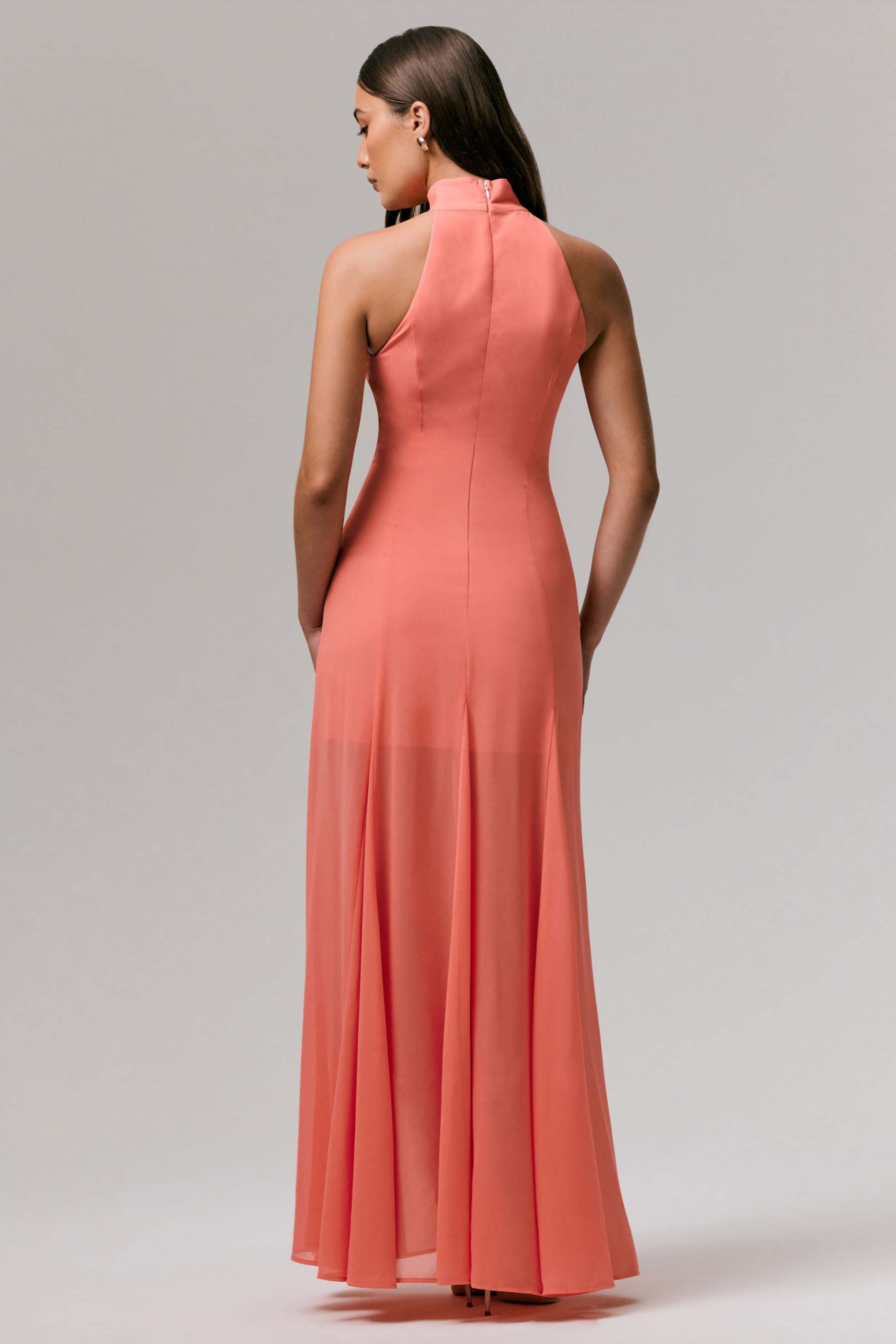 Coral High-Neck Embellished Maxi Dress