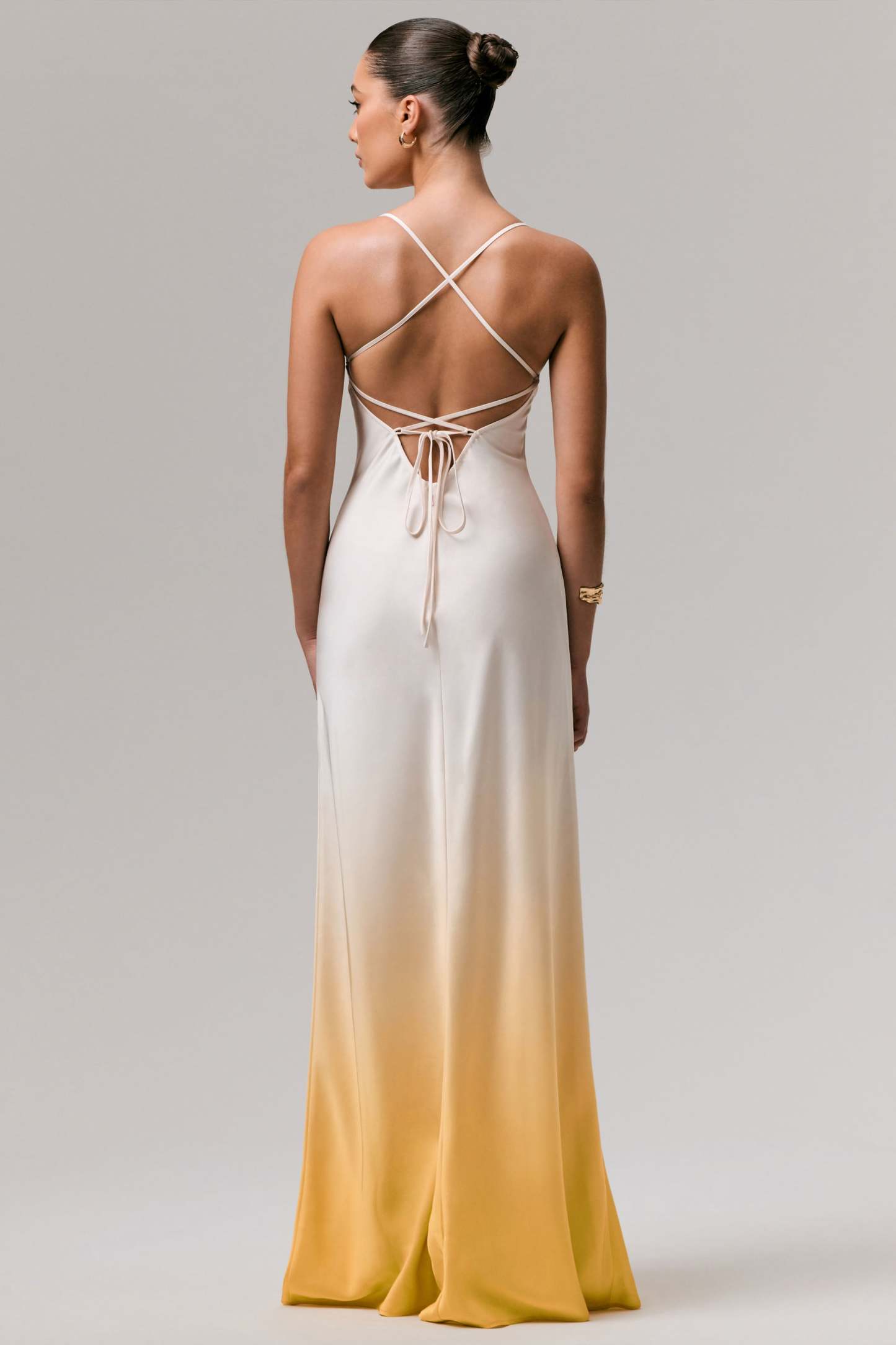 Yellow Ombre Satin Cowl-Neck Maxi Dress