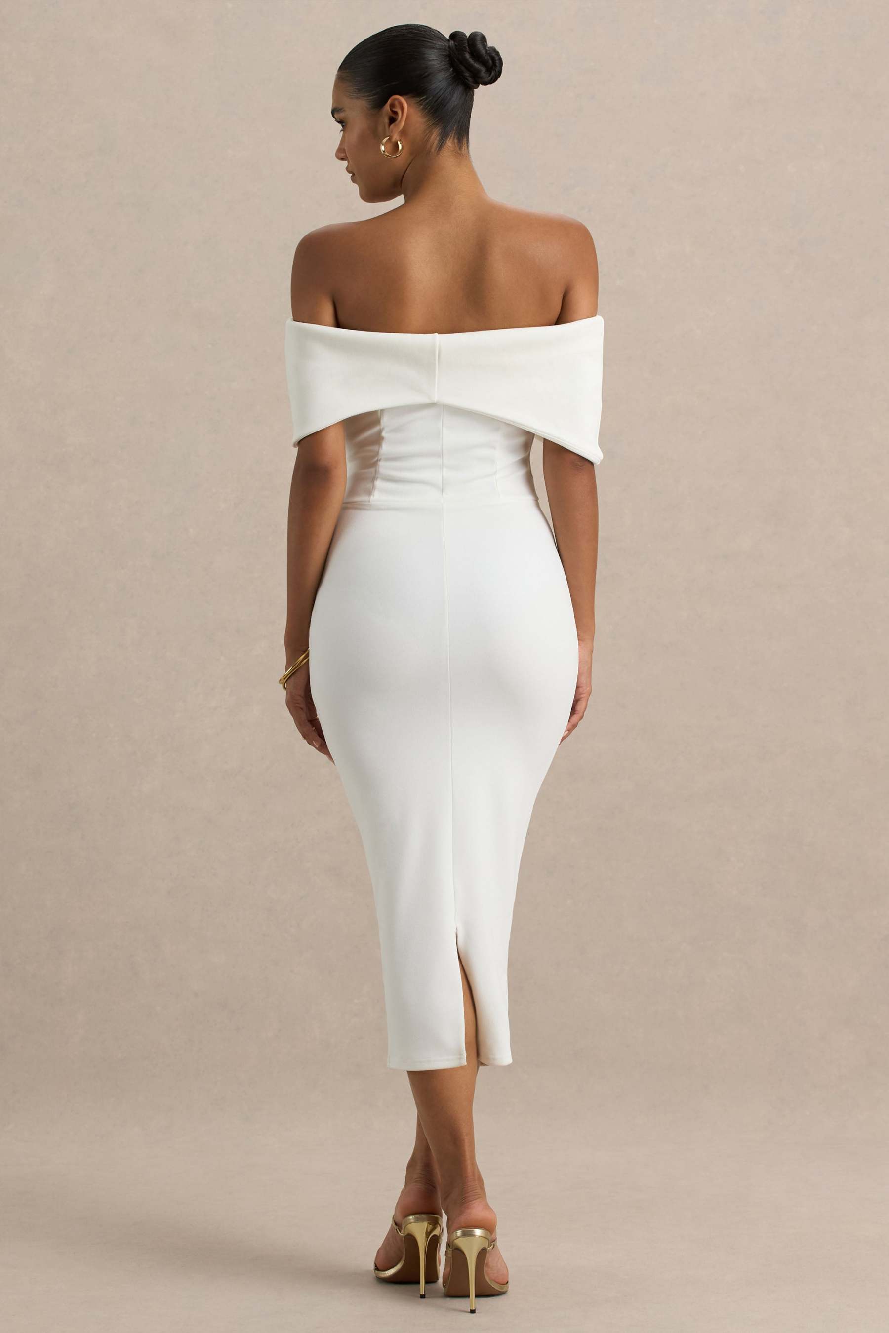 White Bow Bardot Midi Dress