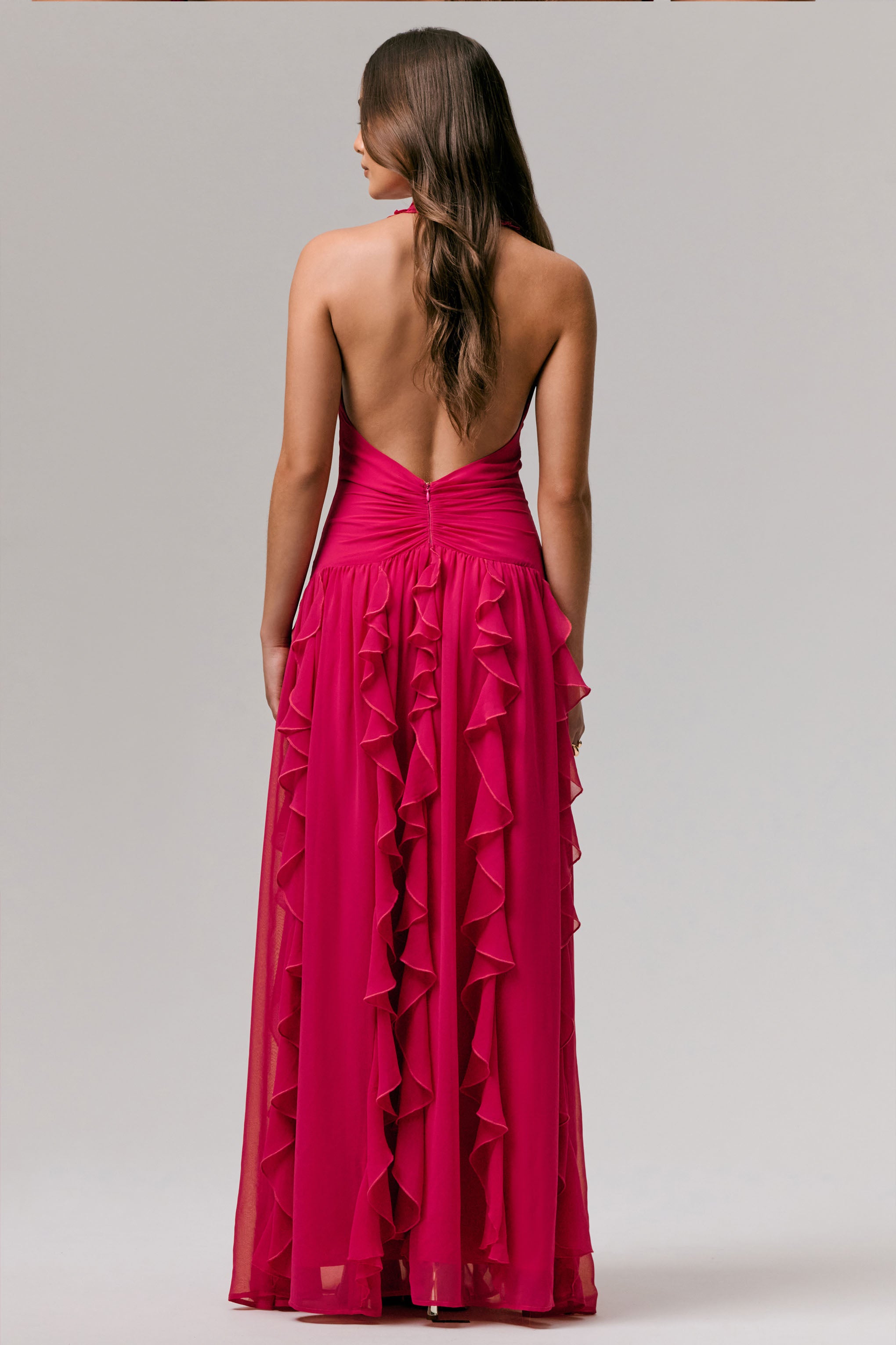 Hot Pink Plunge-Neck Ruffled Maxi Dress