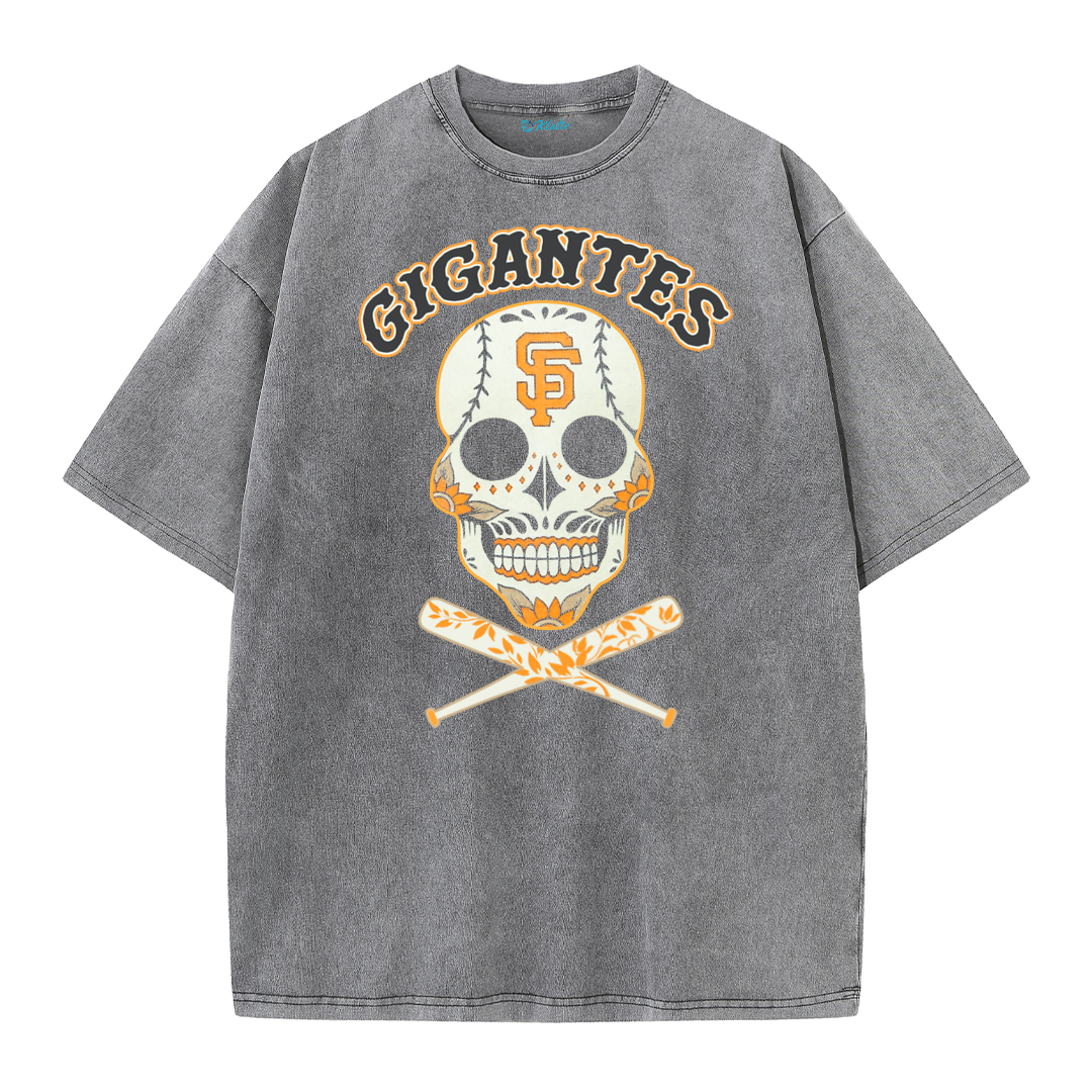 Vintage Skull Baseball Graphic Washed T-Shirt – Retro Streetwear Cotton Tee