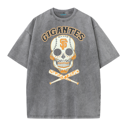 Vintage Skull Baseball Graphic Washed T-Shirt – Retro Streetwear Cotton Tee