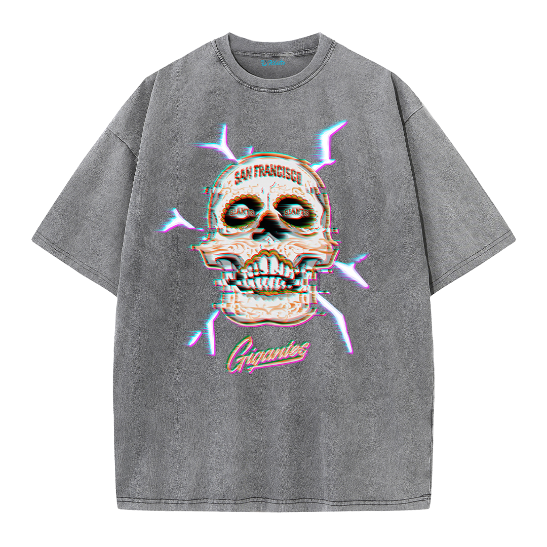 Retro Skull Graphic Tee – Washed Streetwear Cotton T-Shirt with Crossed Bats Print