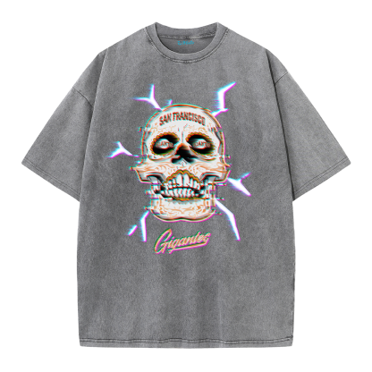 Retro Skull Graphic Tee – Washed Streetwear Cotton T-Shirt with Crossed Bats Print