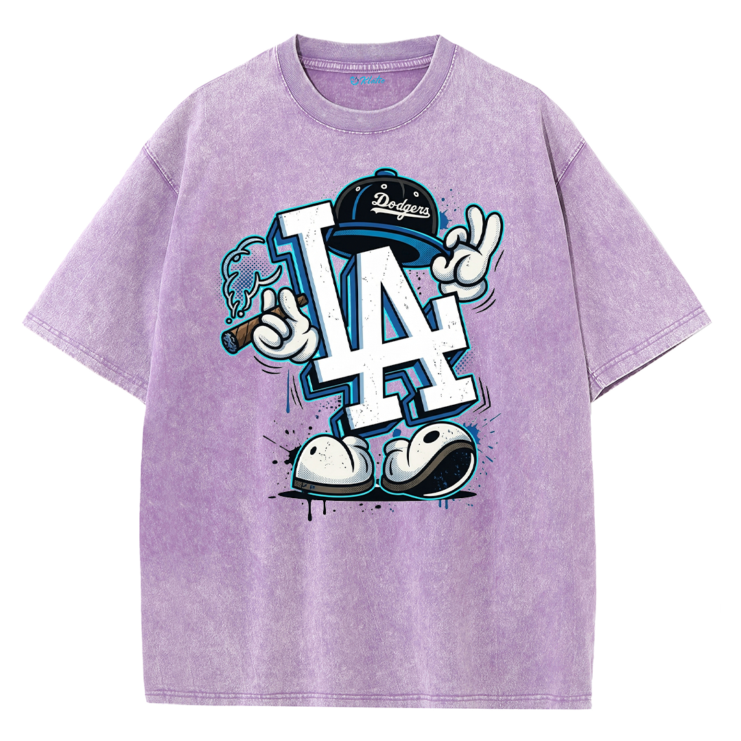 Retro LA Cartoon Graphic Tee – Washed Heavyweight Streetwear T-Shirt