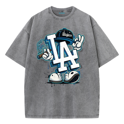 Retro LA Cartoon Graphic Tee – Washed Heavyweight Streetwear T-Shirt