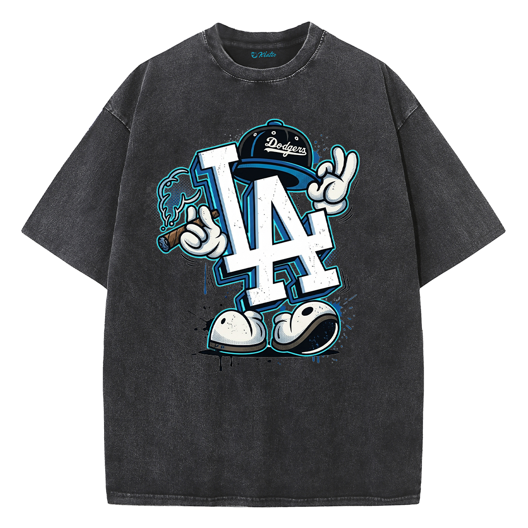 Retro LA Cartoon Graphic Tee – Washed Heavyweight Streetwear T-Shirt