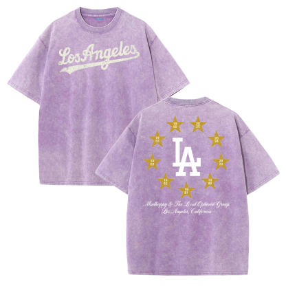 Los Angeles Script & Star Circle Graphic Tee – Vintage Washed Streetwear T-Shirt