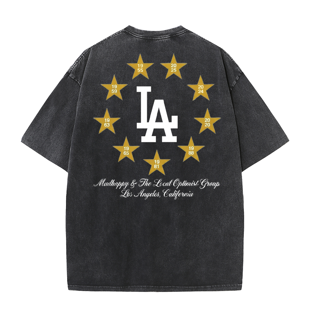 Los Angeles Script & Star Circle Graphic Tee – Vintage Washed Streetwear T-Shirt