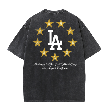 Los Angeles Script & Star Circle Graphic Tee – Vintage Washed Streetwear T-Shirt