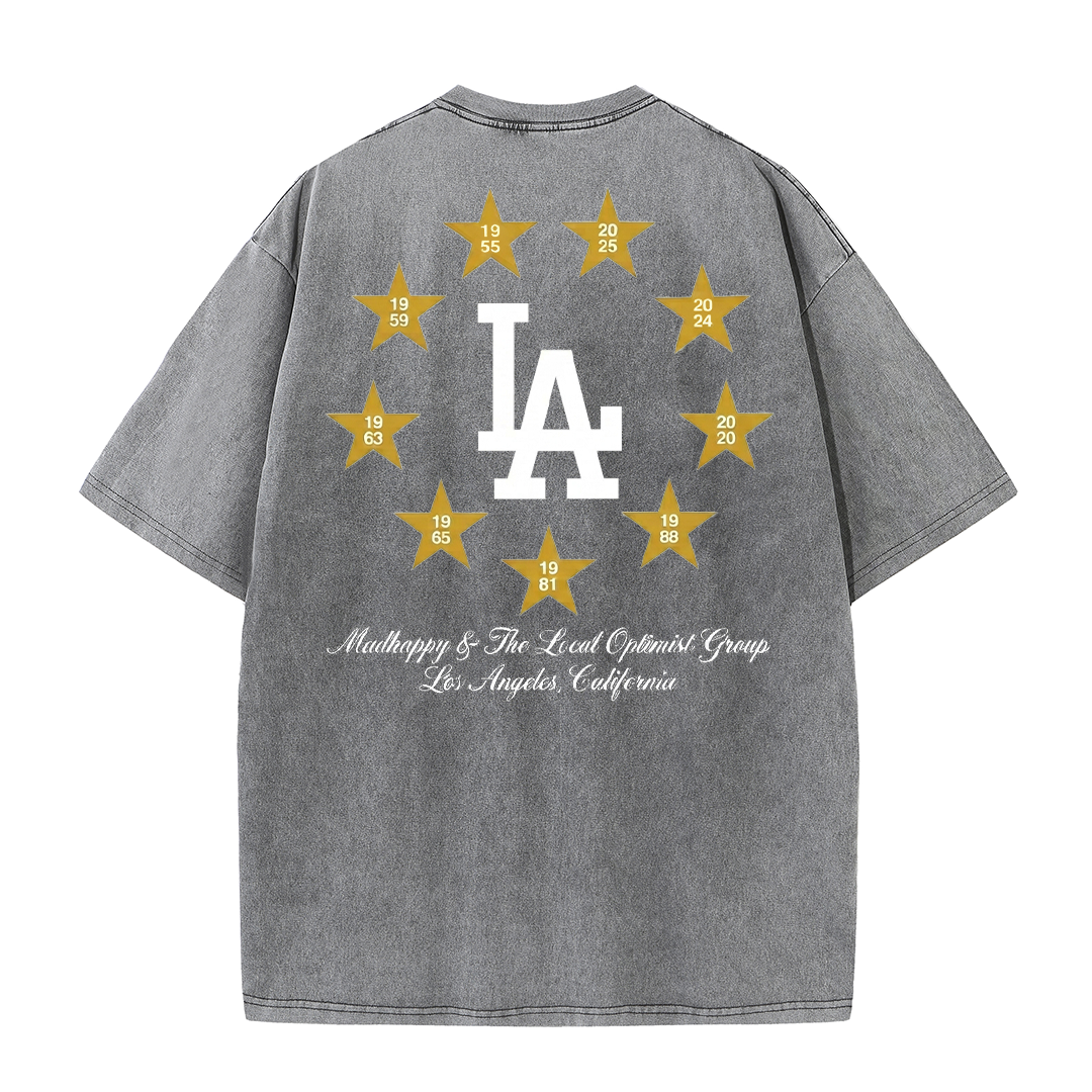 Los Angeles Script & Star Circle Graphic Tee – Vintage Washed Streetwear T-Shirt