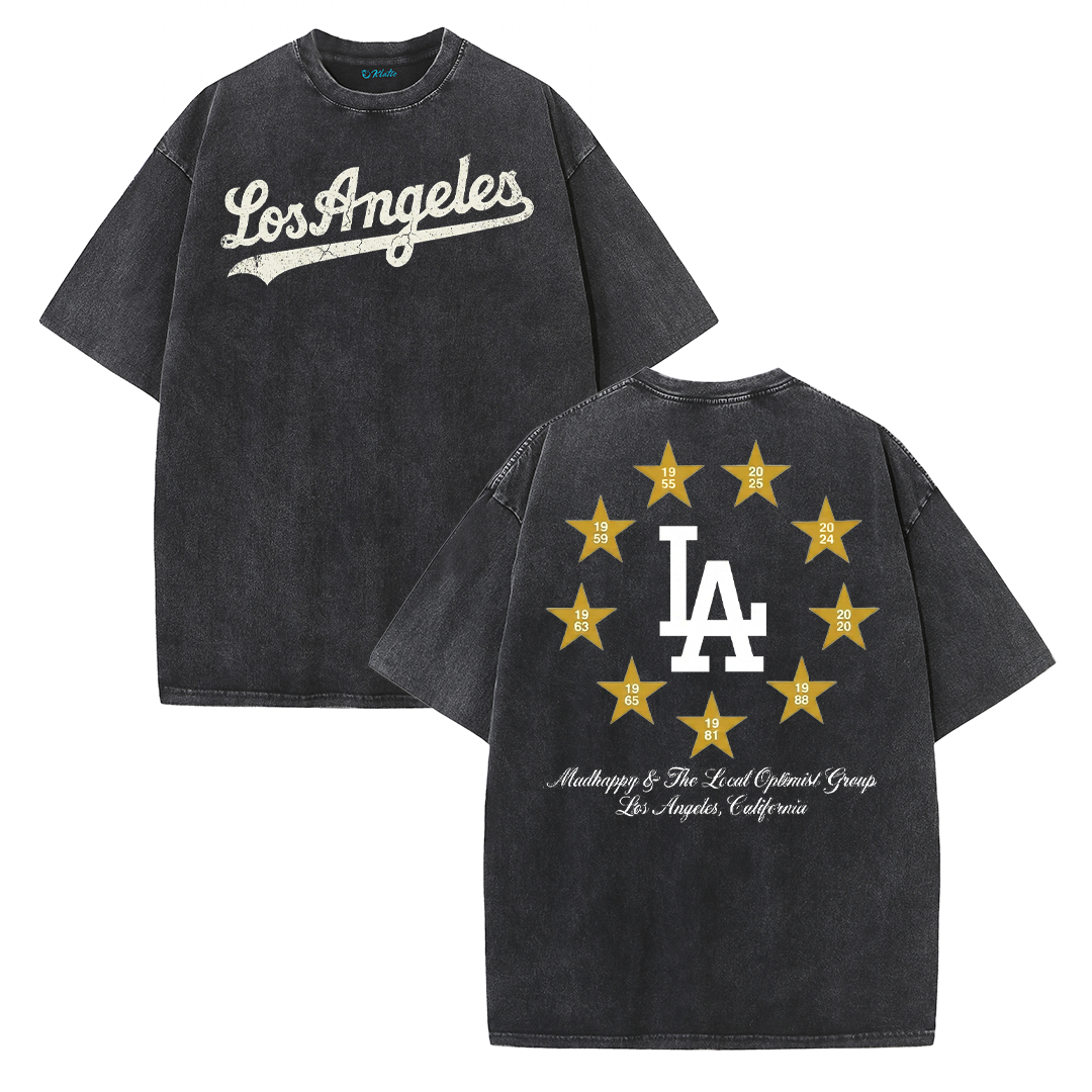 Los Angeles Script & Star Circle Graphic Tee – Vintage Washed Streetwear T-Shirt