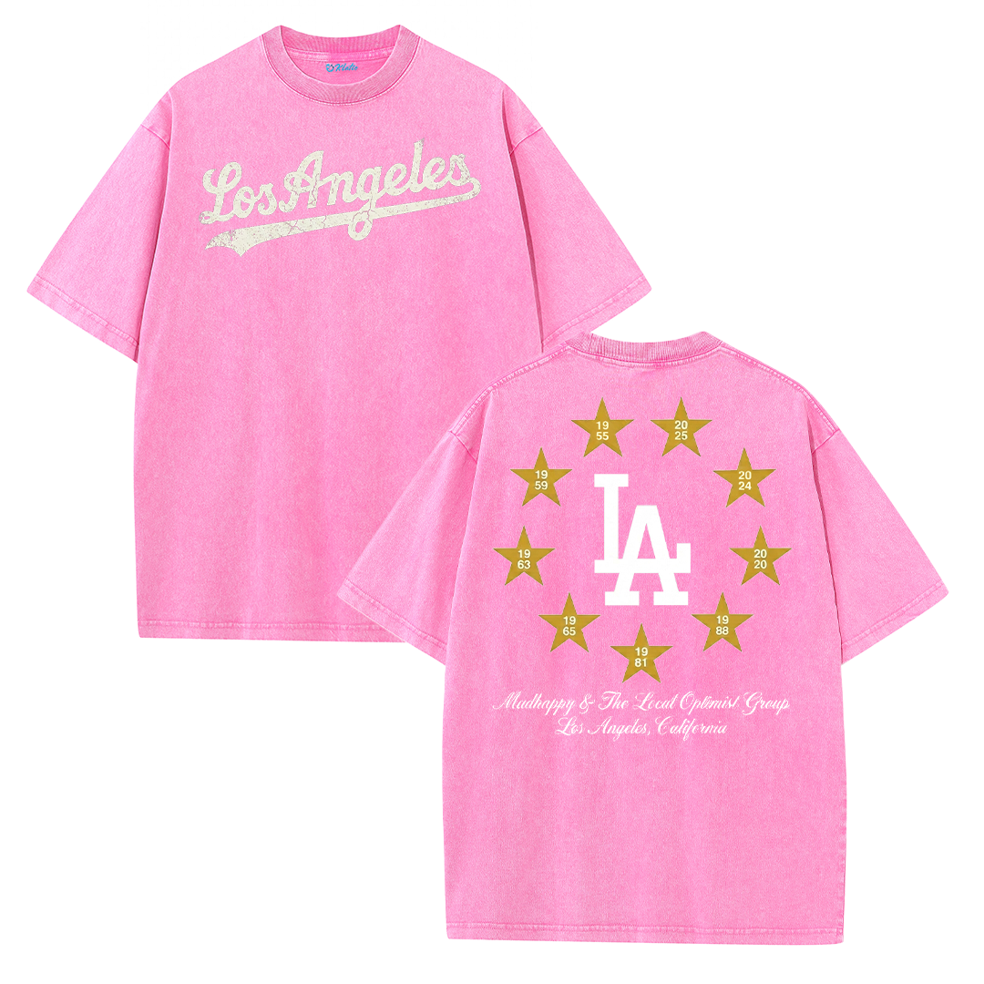 Los Angeles Script & Star Circle Graphic Tee – Vintage Washed Streetwear T-Shirt
