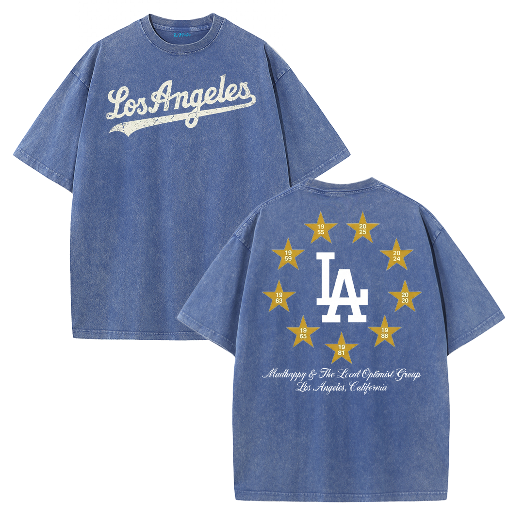 Los Angeles Script & Star Circle Graphic Tee – Vintage Washed Streetwear T-Shirt