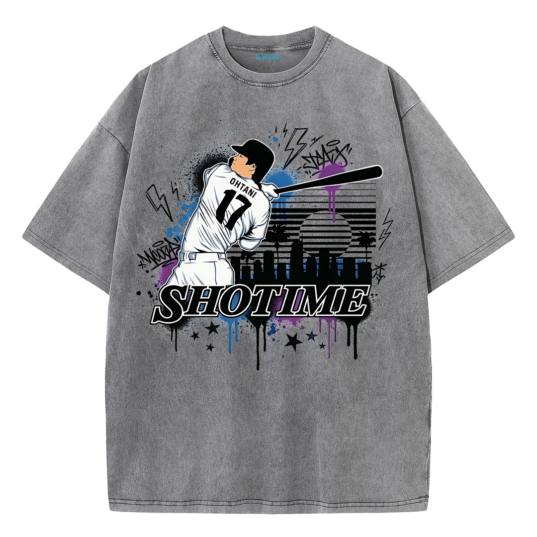 Shotime Graffiti Baseball Graphic Vintage Washed T-Shirt