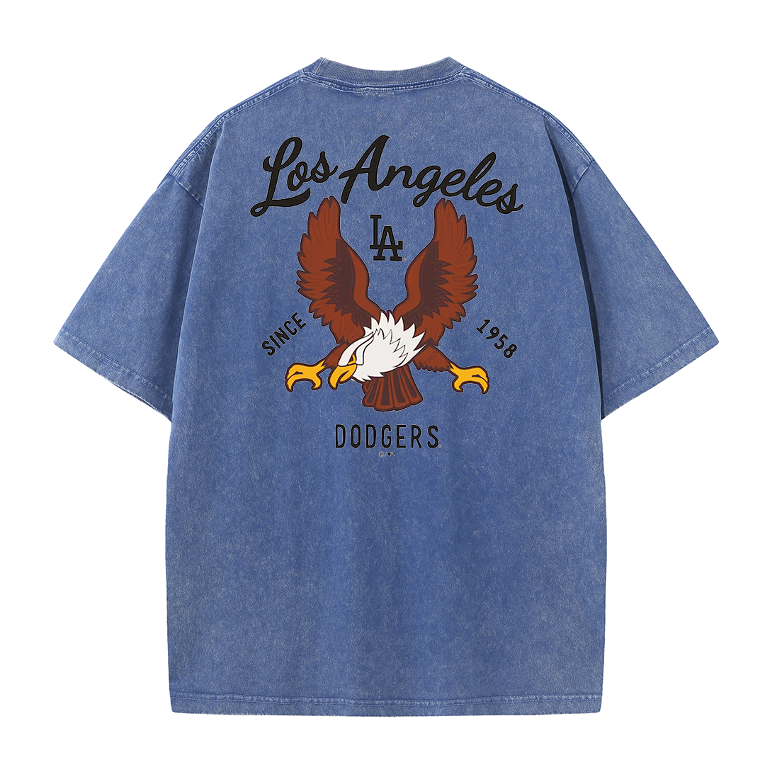Los Angeles Script & Eagle Print Washed Tee – Retro LA Street Style T-Shirt