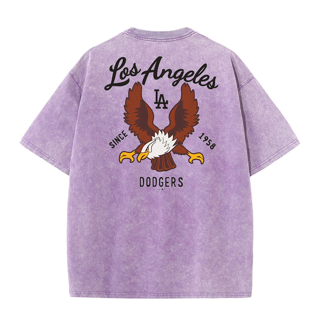 Los Angeles Script & Eagle Print Washed Tee – Retro LA Street Style T-Shirt