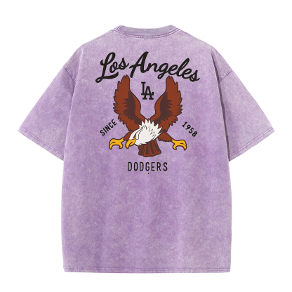 Los Angeles Script & Eagle Print Washed Tee – Retro LA Street Style T-Shirt