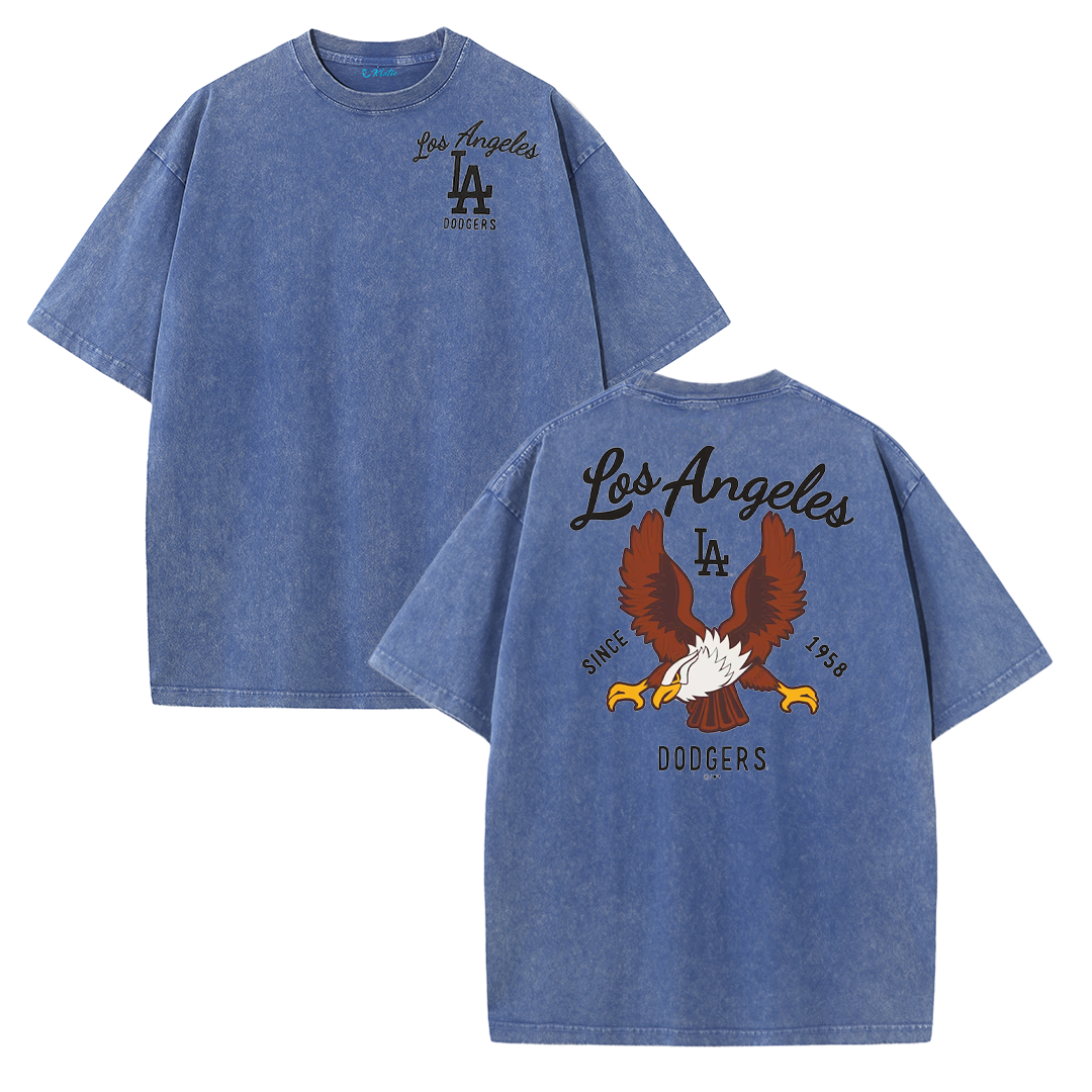 Los Angeles Script & Eagle Print Washed Tee – Retro LA Street Style T-Shirt