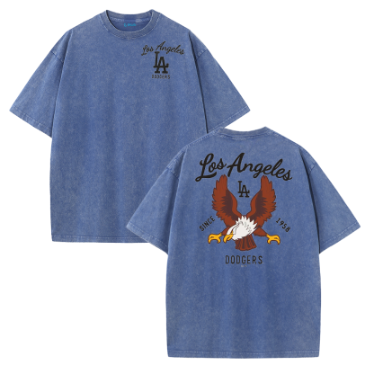 Los Angeles Script & Eagle Print Washed Tee – Retro LA Street Style T-Shirt