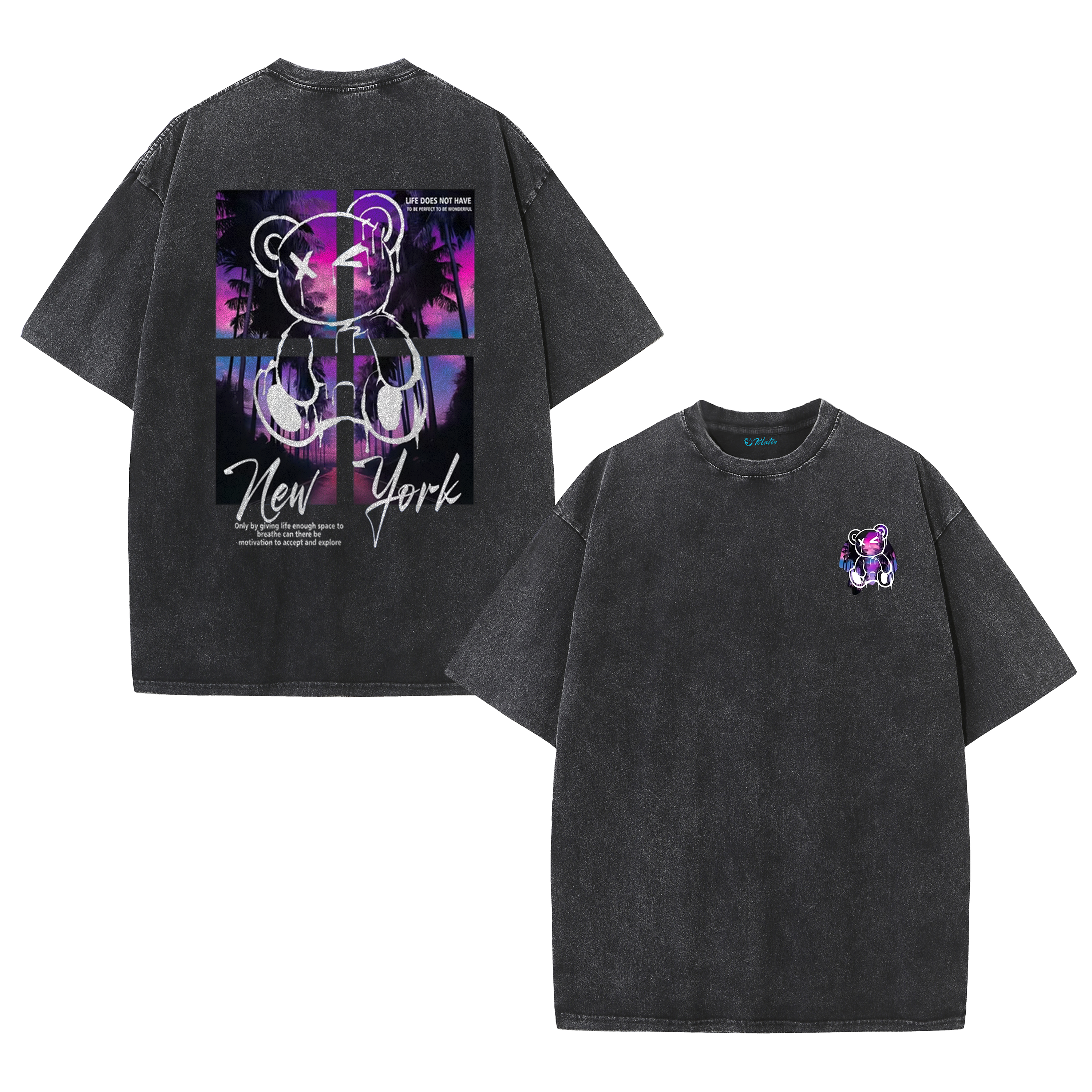 New York Teddy Bear Vintage Washed T-Shirt – Y2K Cute Graphic Oversized Tee