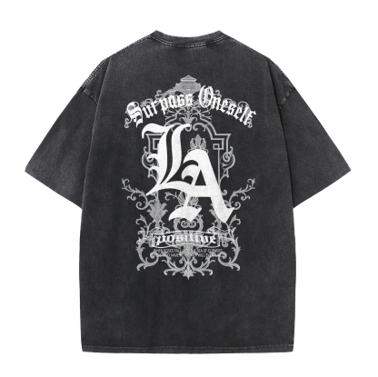 LA Letter Back Print Vintage Washed T-Shirt – Cotton Streetwear Graphic Tee