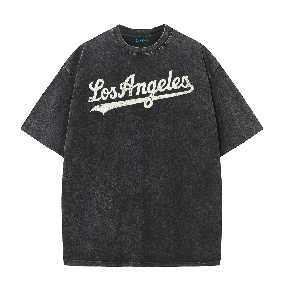 Los Angeles Script & Star Circle Graphic Tee – Vintage Washed Streetwear T-Shirt