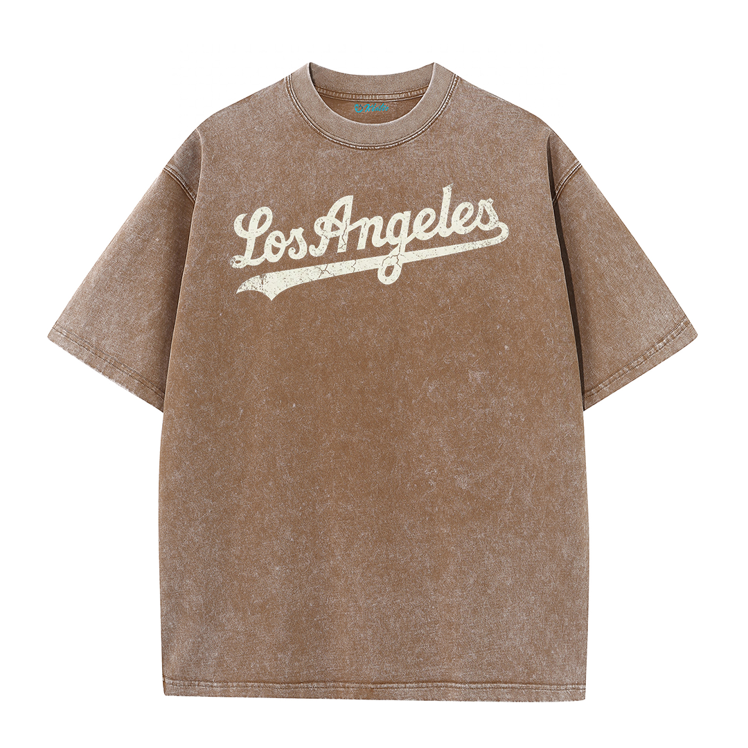 Los Angeles Script & Star Circle Graphic Tee – Vintage Washed Streetwear T-Shirt