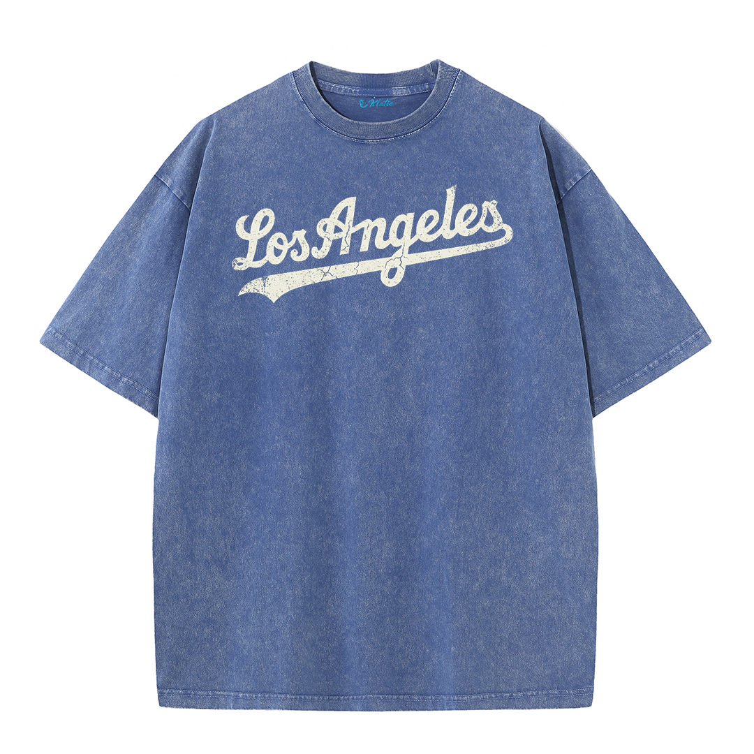 Los Angeles Script & Star Circle Graphic Tee – Vintage Washed Streetwear T-Shirt