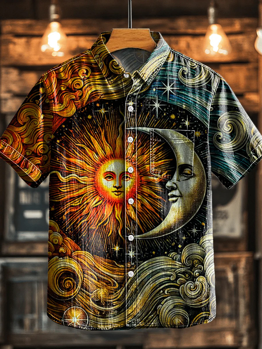 ​Bohemian Style Sun and Moon Art Print Lapel Shirt​