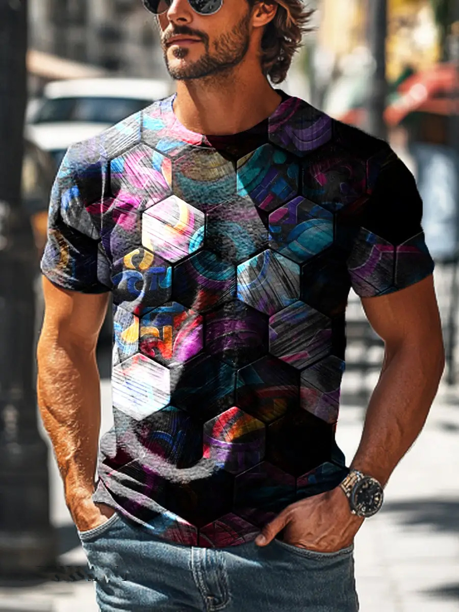 Retro Color Block Artistic Short Sleeve T-Shirt