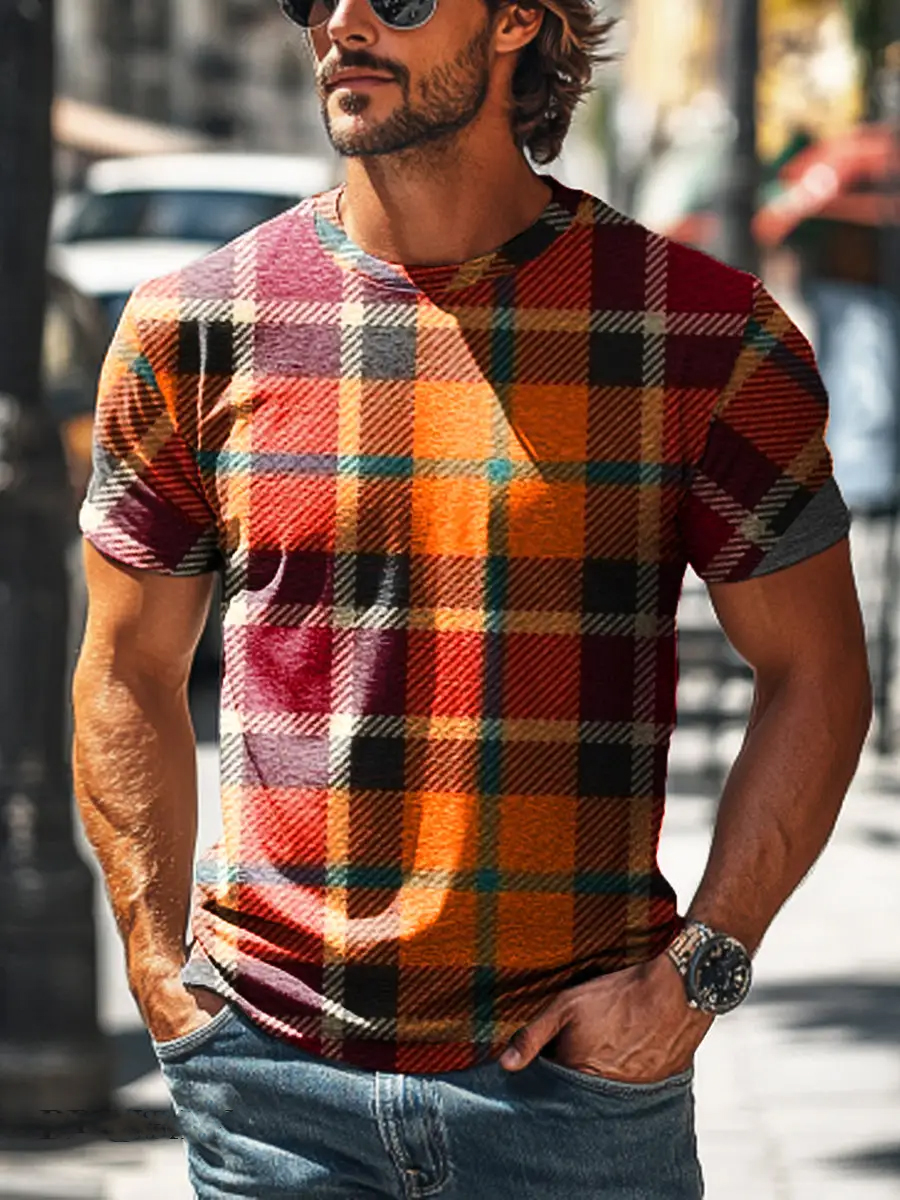 Men's Vintage Color Block Plaid Print T-Shirt​