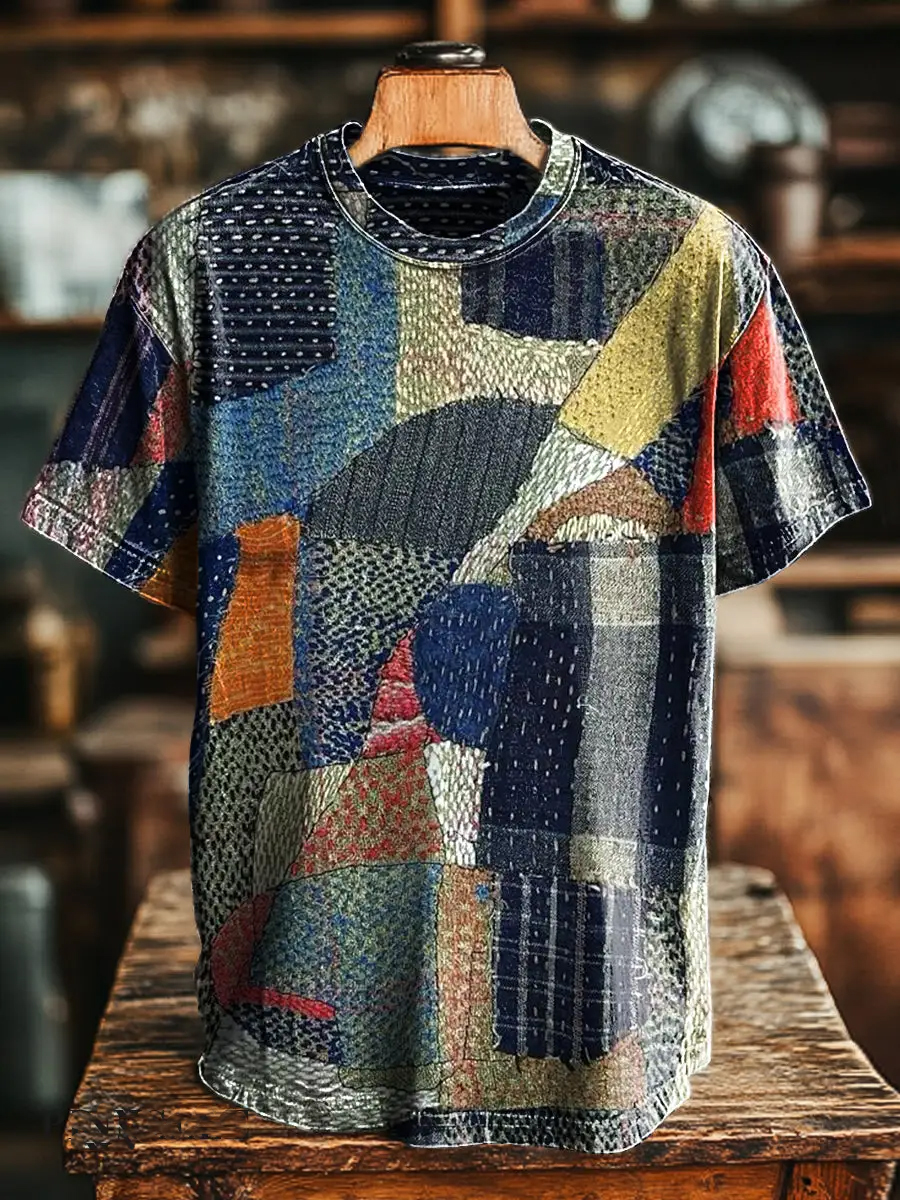 Retro Geometric Patchwork Casual T-Shirt