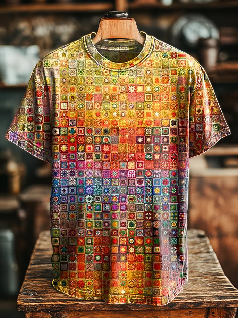 Vintage Multicolor Geometric Art Print Casual Loose T-Shirt