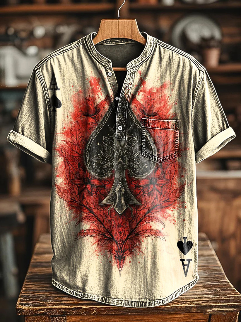 Vintage Abstract Ace of Spades Poker Art Print Casual Henley T-Shirt